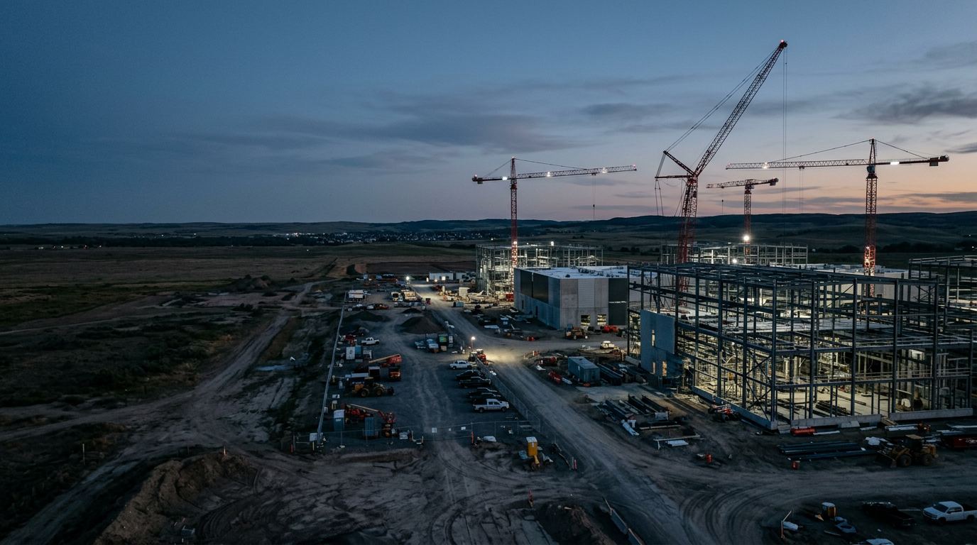 Data-centre construction at dusk