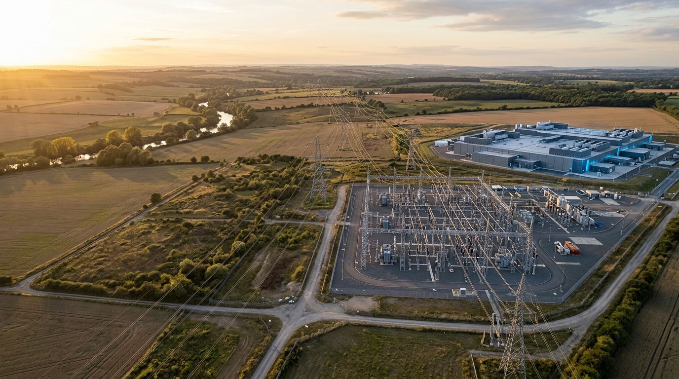 Aerial view of powered land beside a substation